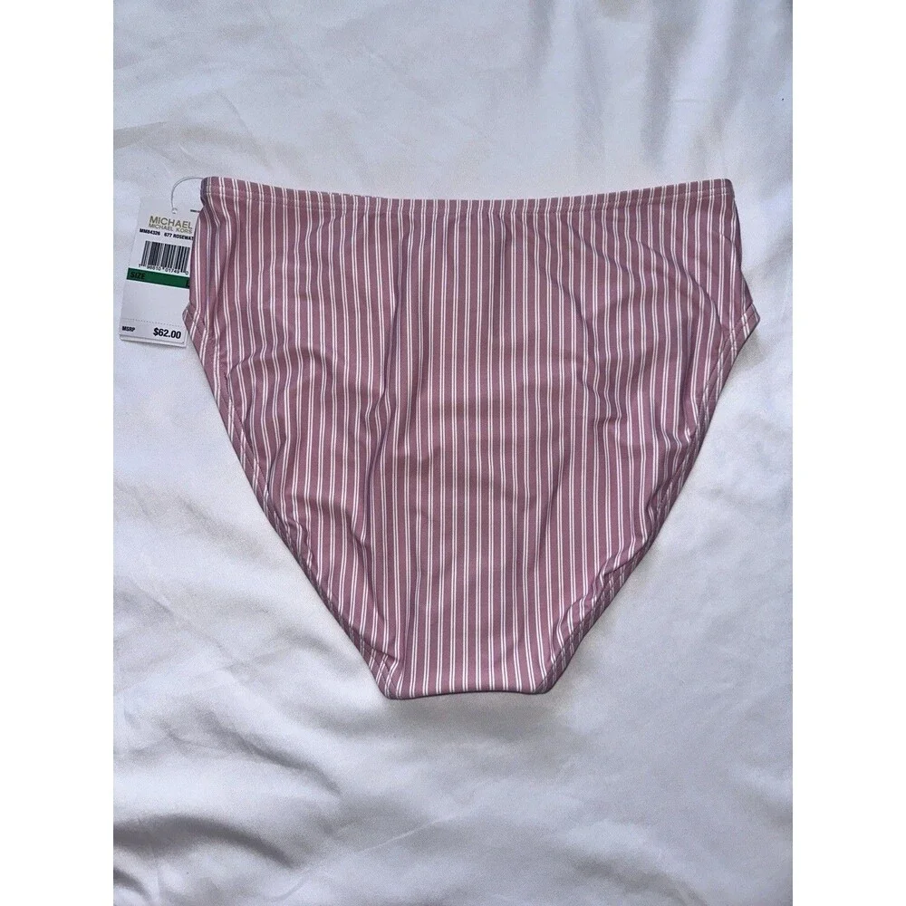 Michael Kors Women’s Pink & White Striped High-Waist Bikini Bottom Size Large